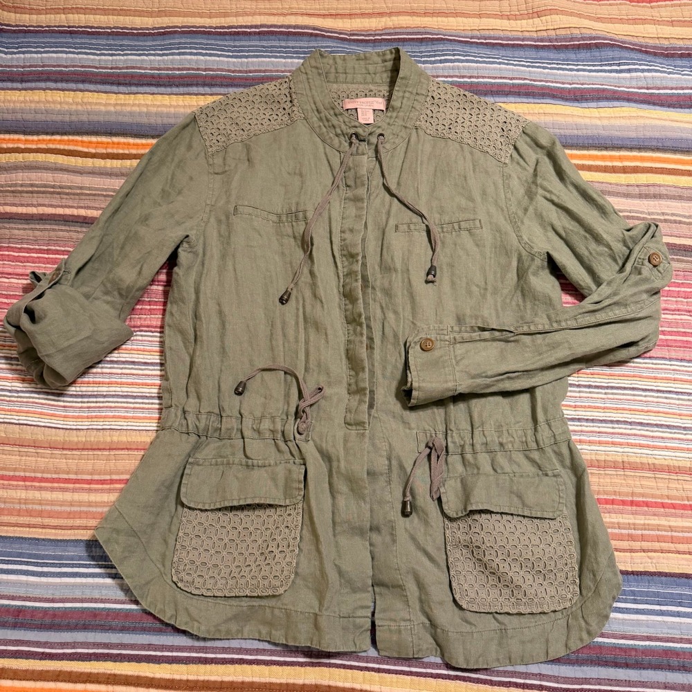 Saint Tropez West Green Linen‎ Utility Jacket Crochet Drawstring Waist Size M